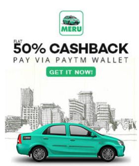 Meru Cabs Cashback Offer : Flat 50% Cashback With Paytm Wallet