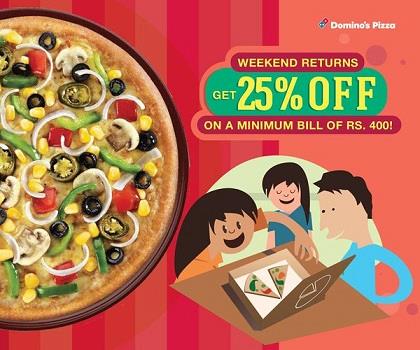 Dominos Pizza Weekend Offer - 25% OFF on Rs 400 Bill