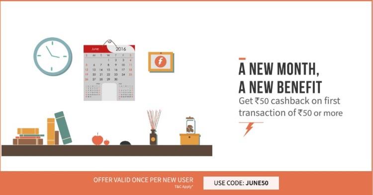 Freecharge June Coupons - 50 Cashback on Recharge of 50